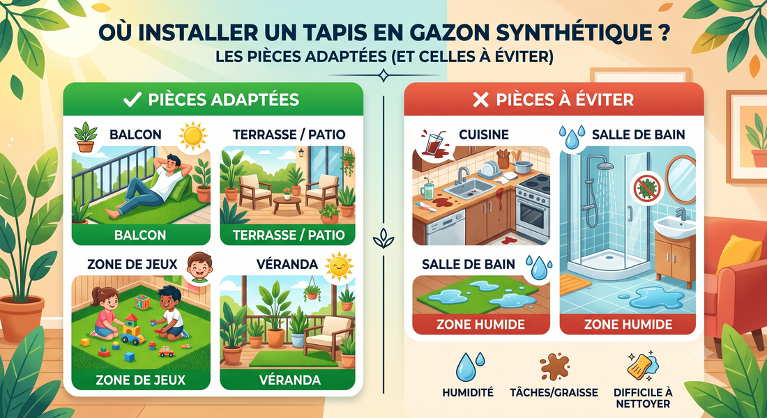 Où installer un tapis en gazon synthétique ? Les pièces adaptées (et celles à éviter)