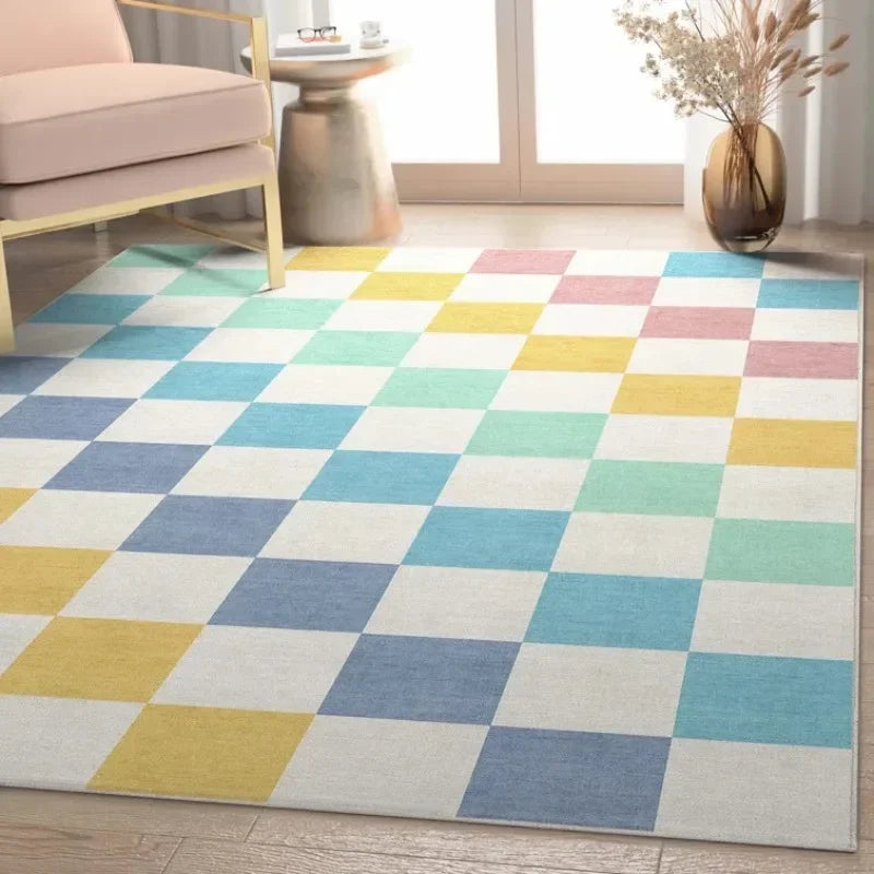 Checkered Living Room Carpet Ins Fashion Simple Macron Color Area Rug American Retro Modern Entrance Mat Non Slip