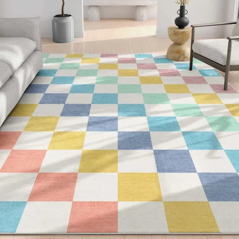 Checkered Living Room Carpet Ins Fashion Simple Macron Color Area Rug American Retro Modern Entrance Mat Non Slip