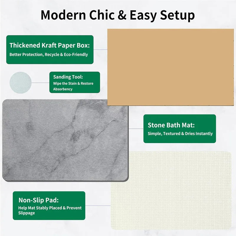 Marble Bathroom Mat Quick Dry Diatomite Mat Large Diatomaceous Earth Bathroom Rug Ultra Absorbent Foot Mat Chemical